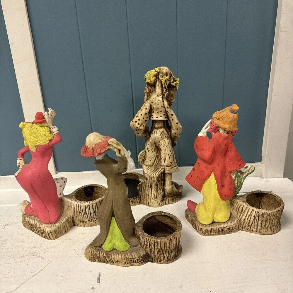 Vintage Set Of 4 Ricardo Clowns Driftwood Statue Quirky Folk‎ Art HandPainted